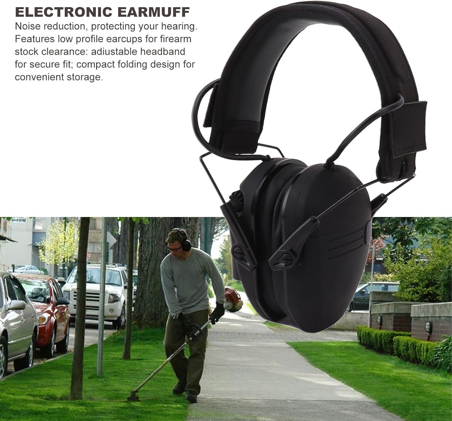 Noise Reduction Electronic Earphones, Foldable ABS Ear Muffs with Adjustable Headband, Compact Design - Amplifies Safe 82dB Sounds, Comfortable Hearing Protection for Mowing and (Black)