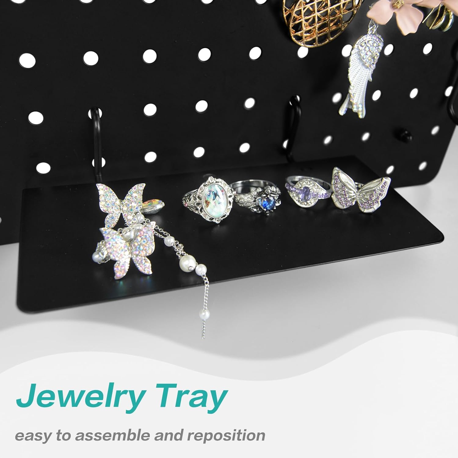 Wall Pegboard Jewelry Organizer - Versatile Jewelry Holders for Necklace Earring Bracelet Ring with Magnetic Racks Display Tray S Hooks J Hangers - Hanging Cabinet Closet Dresser Adhesive Mount Set
