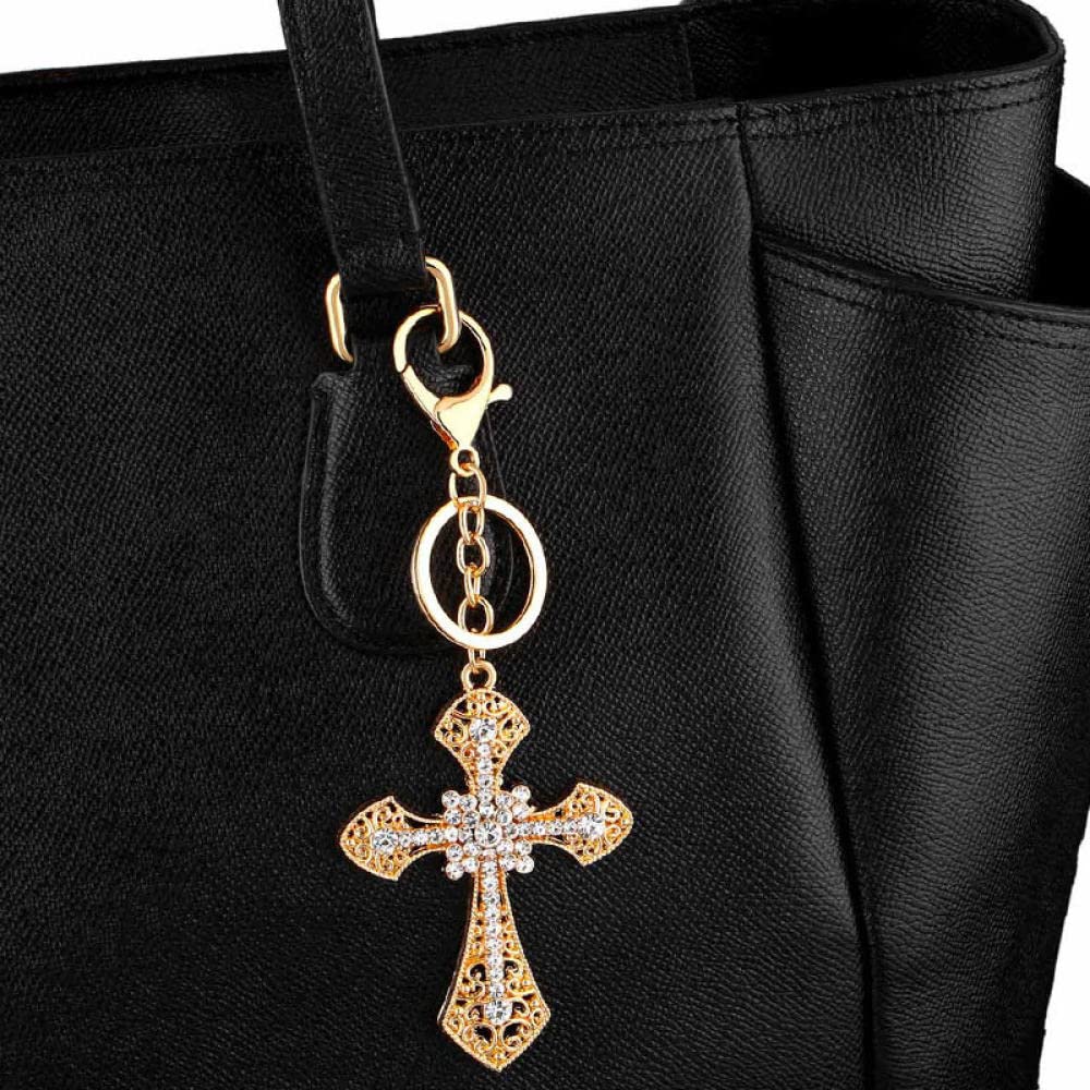 Lusterko Wsteczne Wiszące Stylizacja Samochodu Car Charm Brelokmikro-Inkrustowany Krzyż Z Kryształu Górskiego, Metalowy Brelok, Brelok Do Torby Samochodowej-Złoto