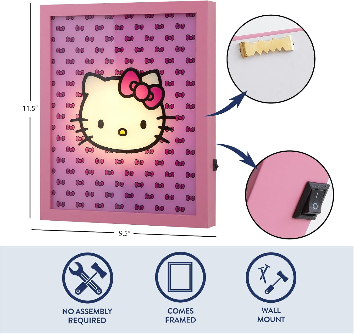 Idea Nuova Sanrio Hello Kitty Pink Bow LED Glowing Canvas Wall Art Panel for Room Décor,11.5"x9.5"