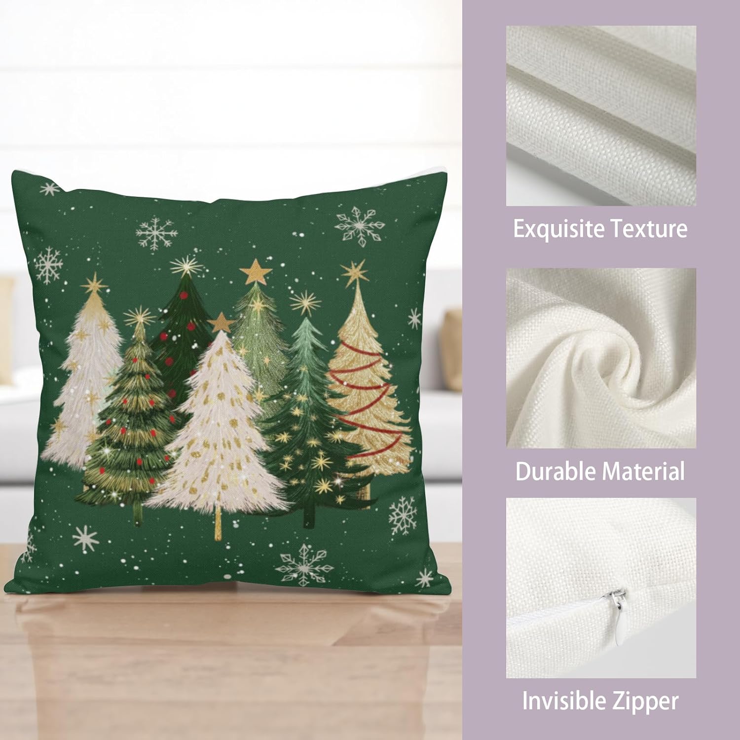 Green Christmas Outdoor Pillow Covers 22x22 Set of 2 White Gold Xmas Tree Snowflakes Pillow Case Rustic Farmhouse Winter Holiday Decorative Pillowcases for Home Sofa Couch