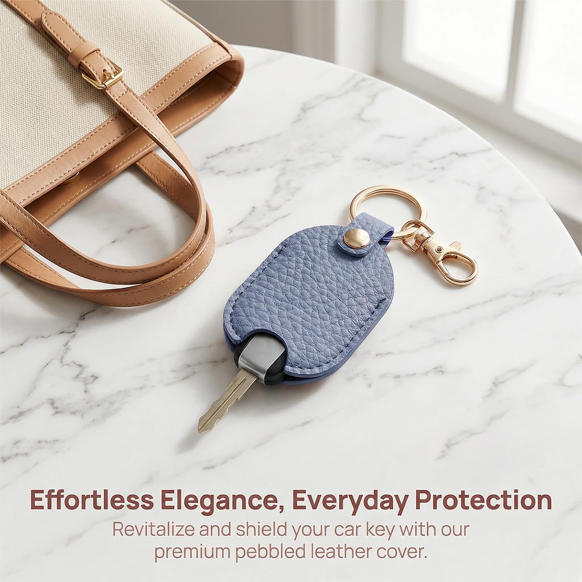 Leather Car Key Cover, Stylish Vehicle Key Fob Protective Sleeve with Ring, Auto Keychain Protector, Universal Fit (Blue) image 4