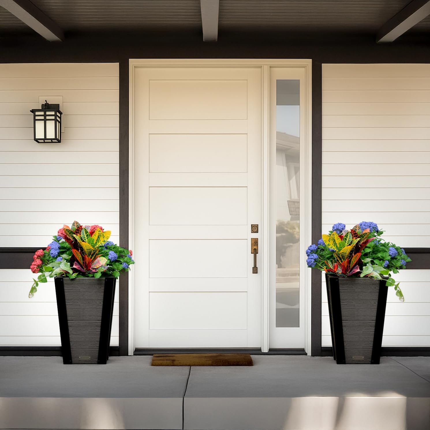 Mayne Horizon 22-Inch Tall Outdoor Planters, Set of 2 – Modern Tapered Planters with Faux Wood Grain Panel Design, All-Season Patio and Porch Decor, with Drainage Hole, Easy Assembly