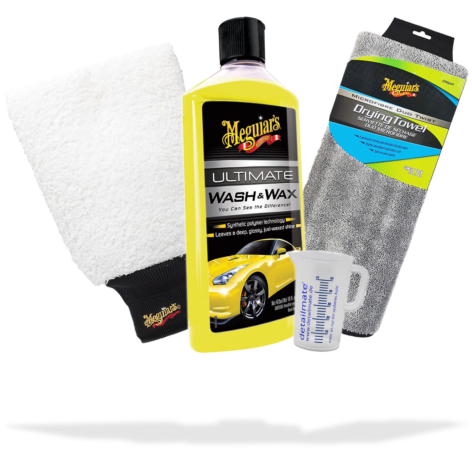 Meguiar's Ultimate Wash & Wax - Set di pulizia e cura della vernice per auto | Super Thick Microfiber Wash Mitt – Duo Twist Car Drying Towel – misurino | pulizia e lucentezza ottimali – Shampoo per