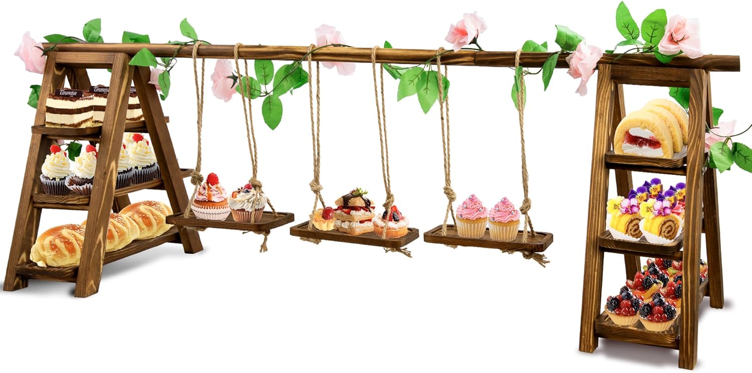 Foldable 3-Tier Wooden Cake Stand with Removable Trays & Flower Decor - Display for Cupcakes, Desserts, Fruit, Snacks, Party & Catering Food Presentation