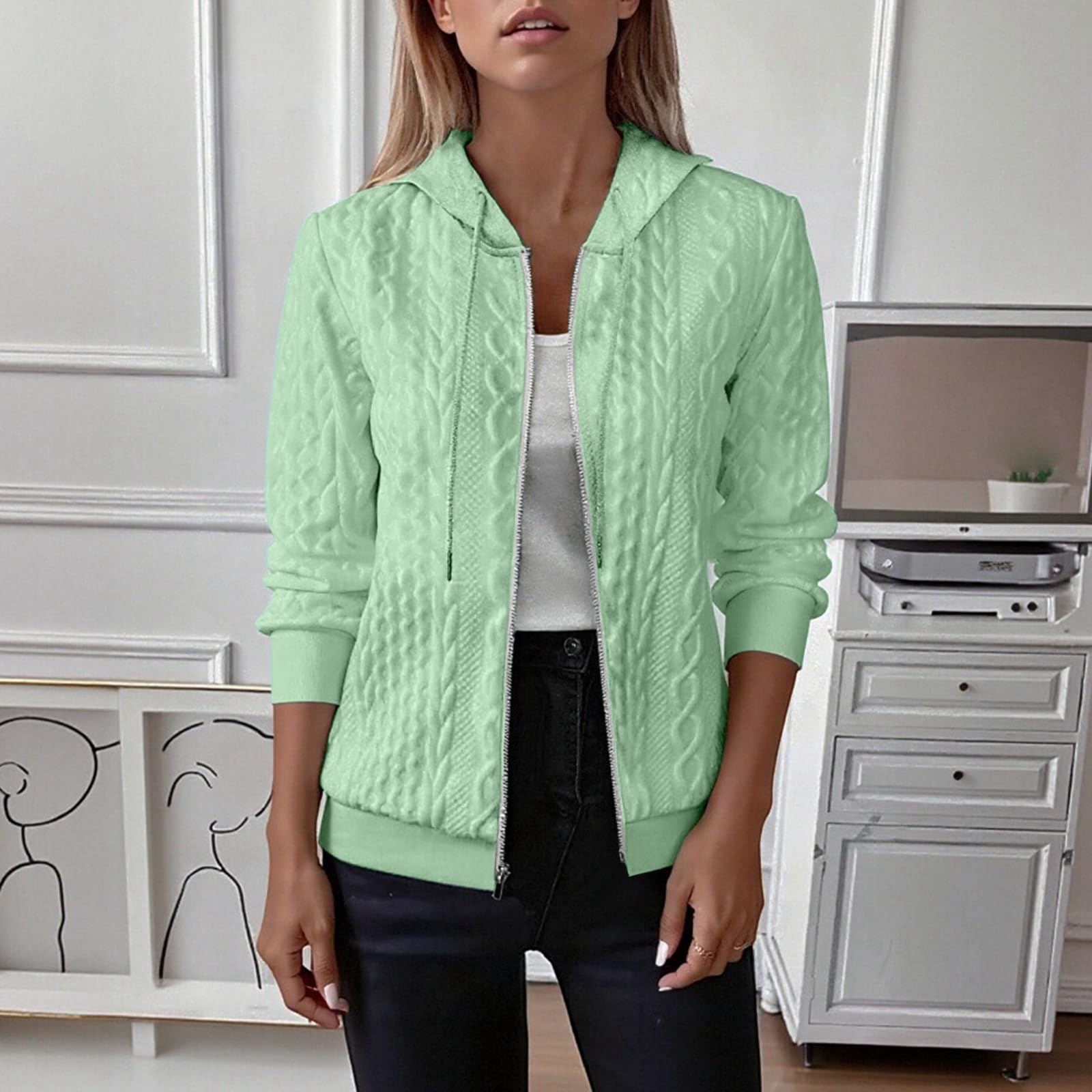Generisch Felpa con cappuccio da donna, taglie forti, per l'inverno, a maniche lunghe, con cerniera, elegante e semplice, ideale per tutti i giorni