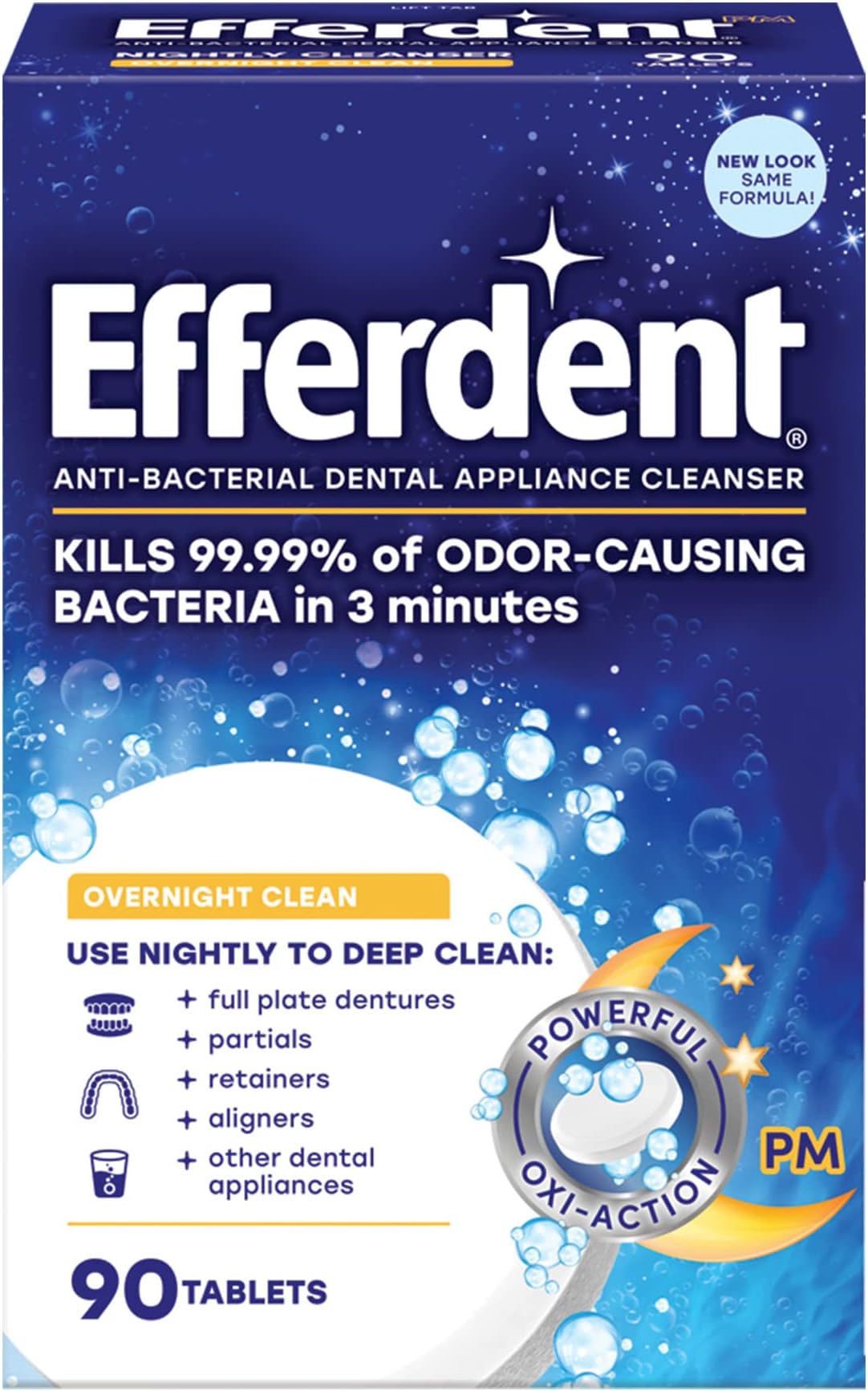 PM Overnight Anti-Bacterial Denture Cleanser Tablets | 90 Count | Overnight Deep Cleans Dentures