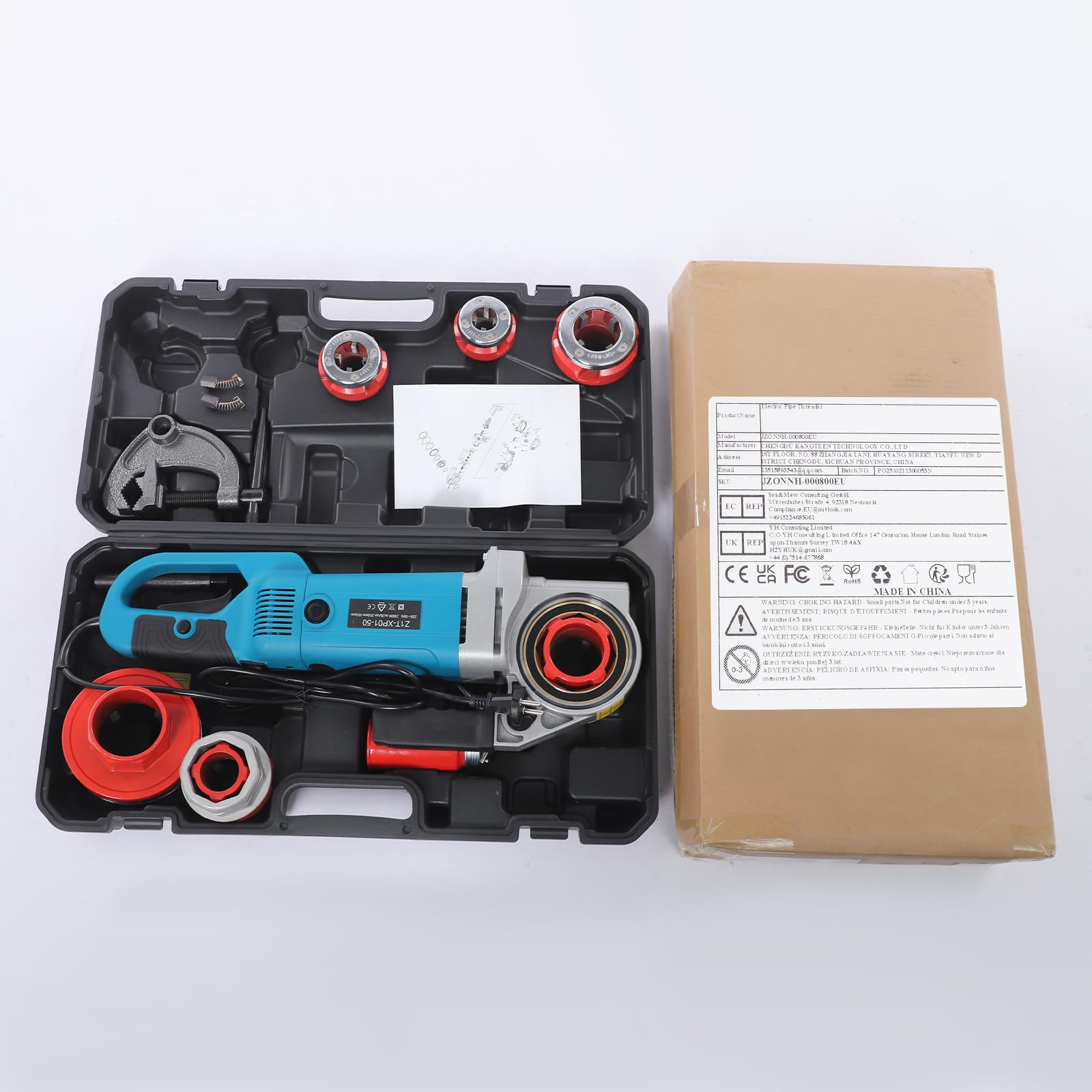 Gwintownik, 2300 W, 230 V, elektryczny gwintownik do rur z walizką do przechowywania, 6 narzynek (2", 1-1/2", 1-1/4", 1'', 3/4'', 1/2''), elektryczny gwintownik (niebieski)