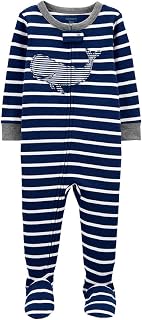 Macacão Pijama Carter's Baleia Listrado Marinho Algodão Bebê Menino com Zíper e Pezinho