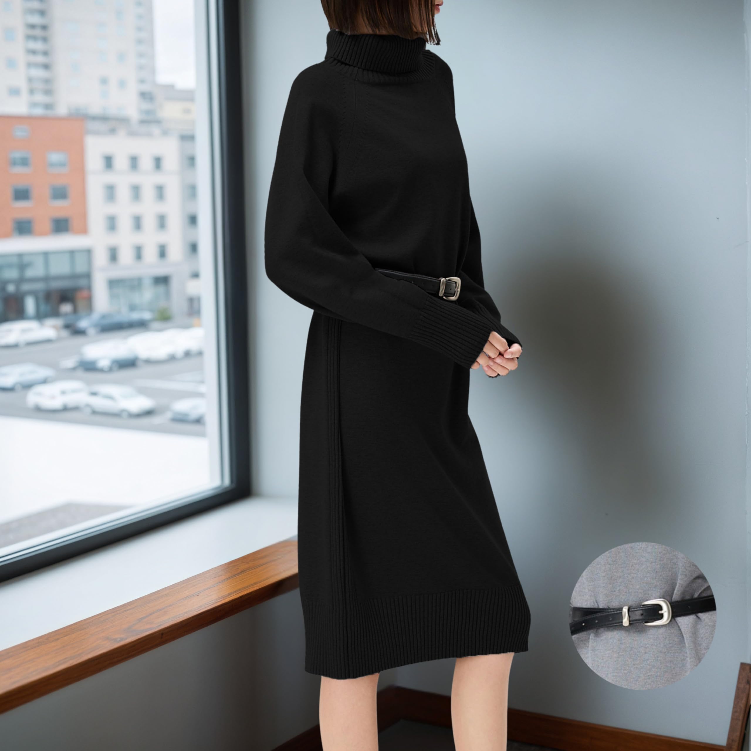 Robe pull pour femme col roulé d'hiver avec ceinture ou cordon | Robe en tricot douce à manches longues | Élégant décontracté | 5 couleurs | S/M - L/XL