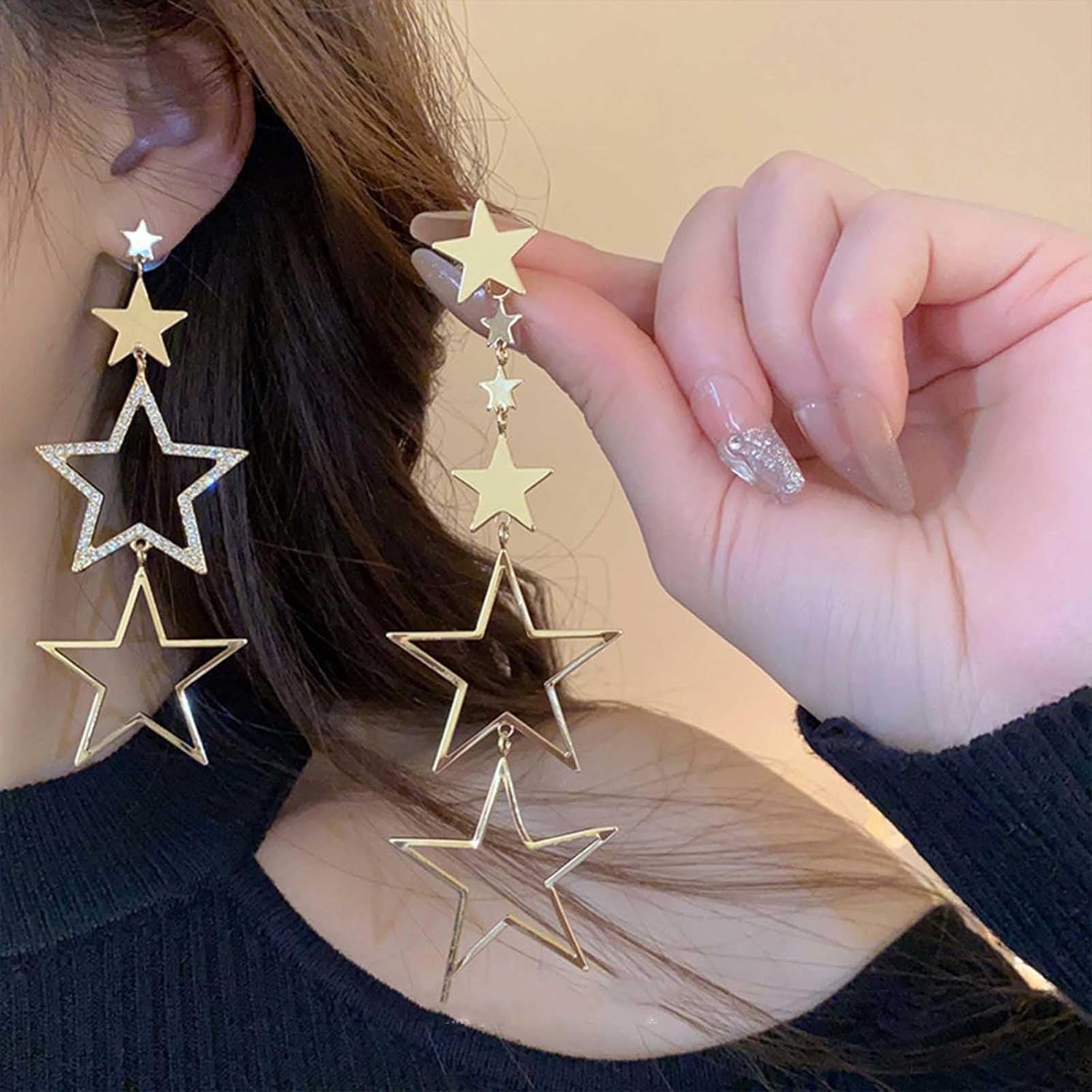 W WEILIRIAN Crystal Star Dangle Earrings Boho Long Star Earrings Hollow Star Drop Earrings Asymmetrical Star Earrings Jewelry for Women - Image 5