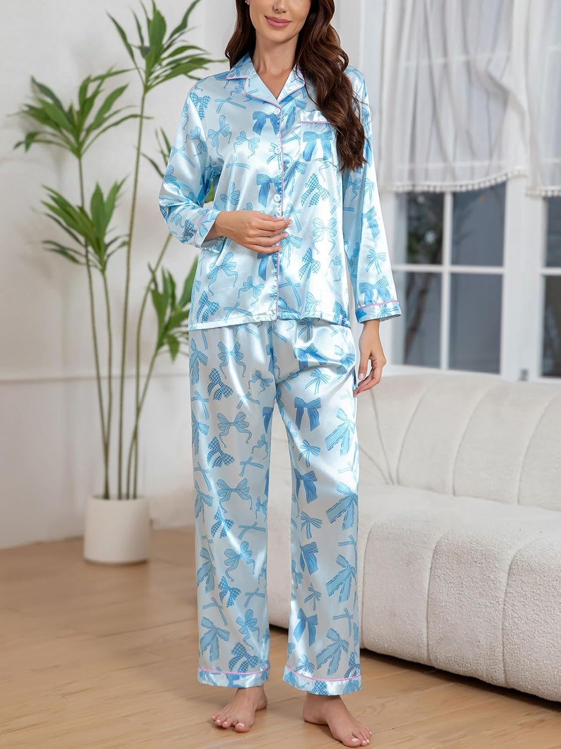 CloudLike Women Silk Satin Pajamas Sets 2 Piece Fall Pj Long Sleeve Button Down Sleepwear Nightwear Mathching Loungewear - Image 2