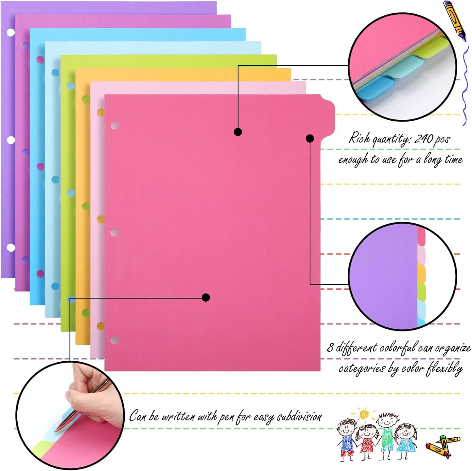 Harloon 30 Set 3 Ring Binder Dividers with 8 Tabs, 1/8 Cut Tab Divider 3 Hole Punch Blank Index Binder Bulk 230 GSM Heavyweight Paper for School Class Office Home (Bright Colors)