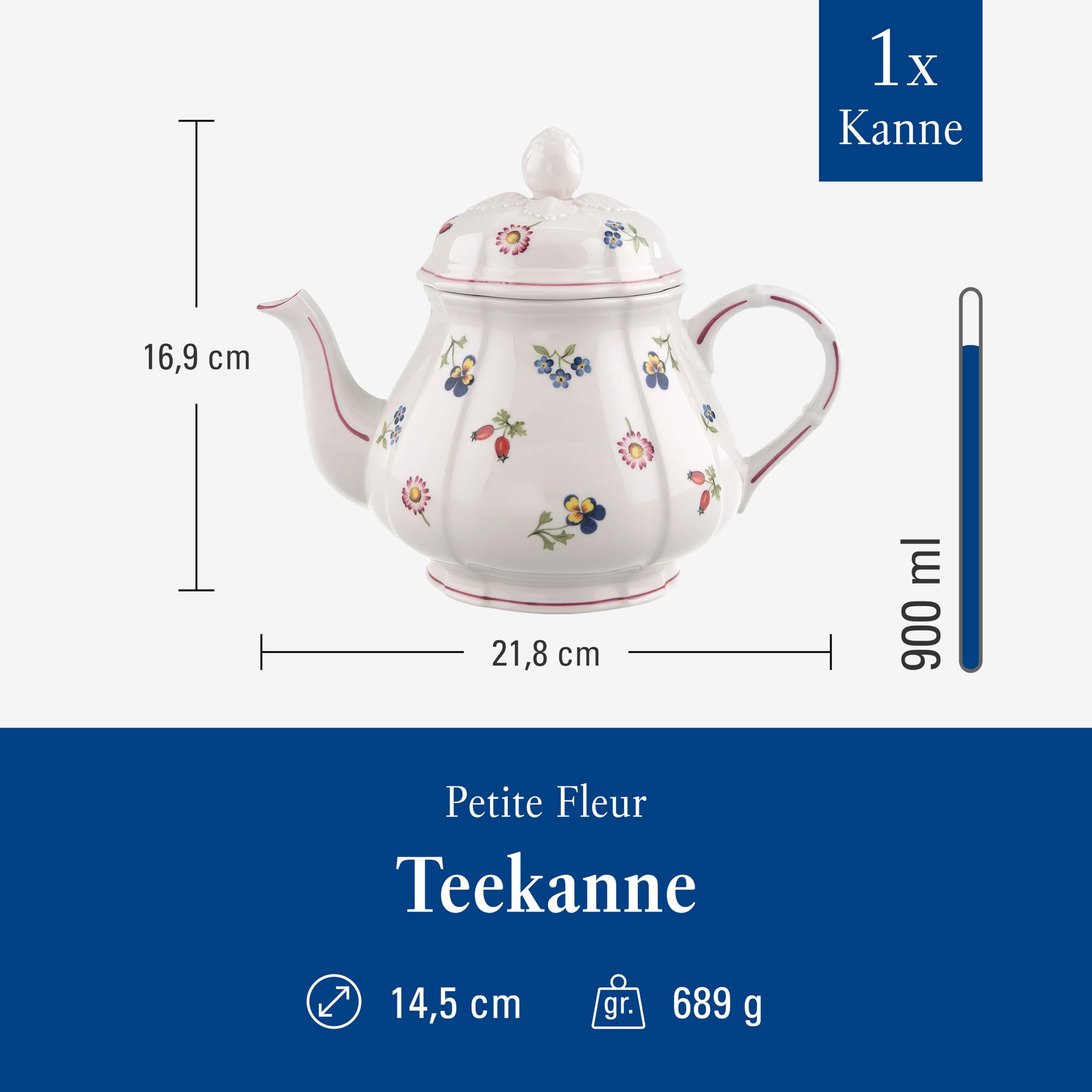 Villeroy & Boch - Petite Fleur Teekanne 900 ml Weiß, Spülmaschinenfest, Mikrowellensicher, Kaffeekanne, Kanne mit Deckel, Porzellankanne, Blümchengeschirr, Premium Porzellan