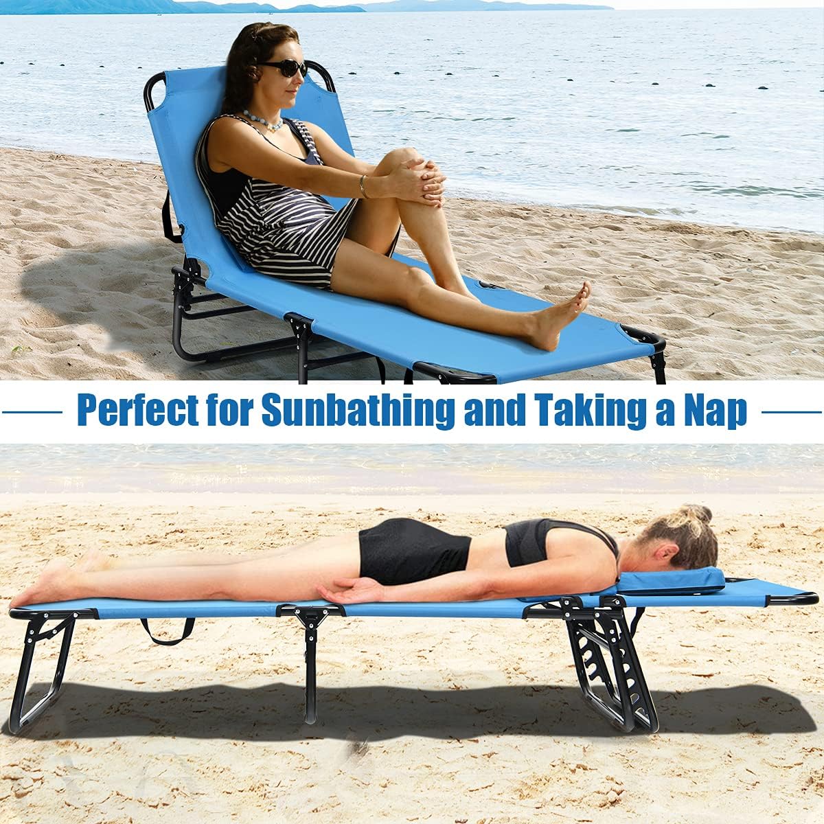 Folding Beach Lounge Chair w/ 5 Adjutable Backrest & Padded Pillow, Sunbathing Lounger Chair, Sun Tanning Lay Flat Chair for Seaside Pool Deck, Max Load 330 LBS, No Assembly Required (Blue)