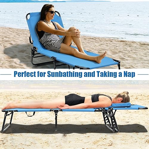 Miniatura 4 de Sillón plegable de playa con 5 respaldos ajustables y almohada acolchada, tumbona para tomar el sol, silla plana de bronceado para cubierta de