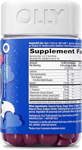 Vista 17 de OLLY Gomitas para dormir para niños, 0.5 mg de melatonina, L teanina, manzanilla y bálsamo de limón, frambuesa, 70