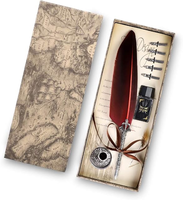 Quill Pen and Ink Set, Calligraphy Feather Set for Beginners Kids Antique Harry Potter Quill Pen Gift Set Stationery Gift Box with 5 Nibs, for Writing Drawing and Practicing Calligraphy