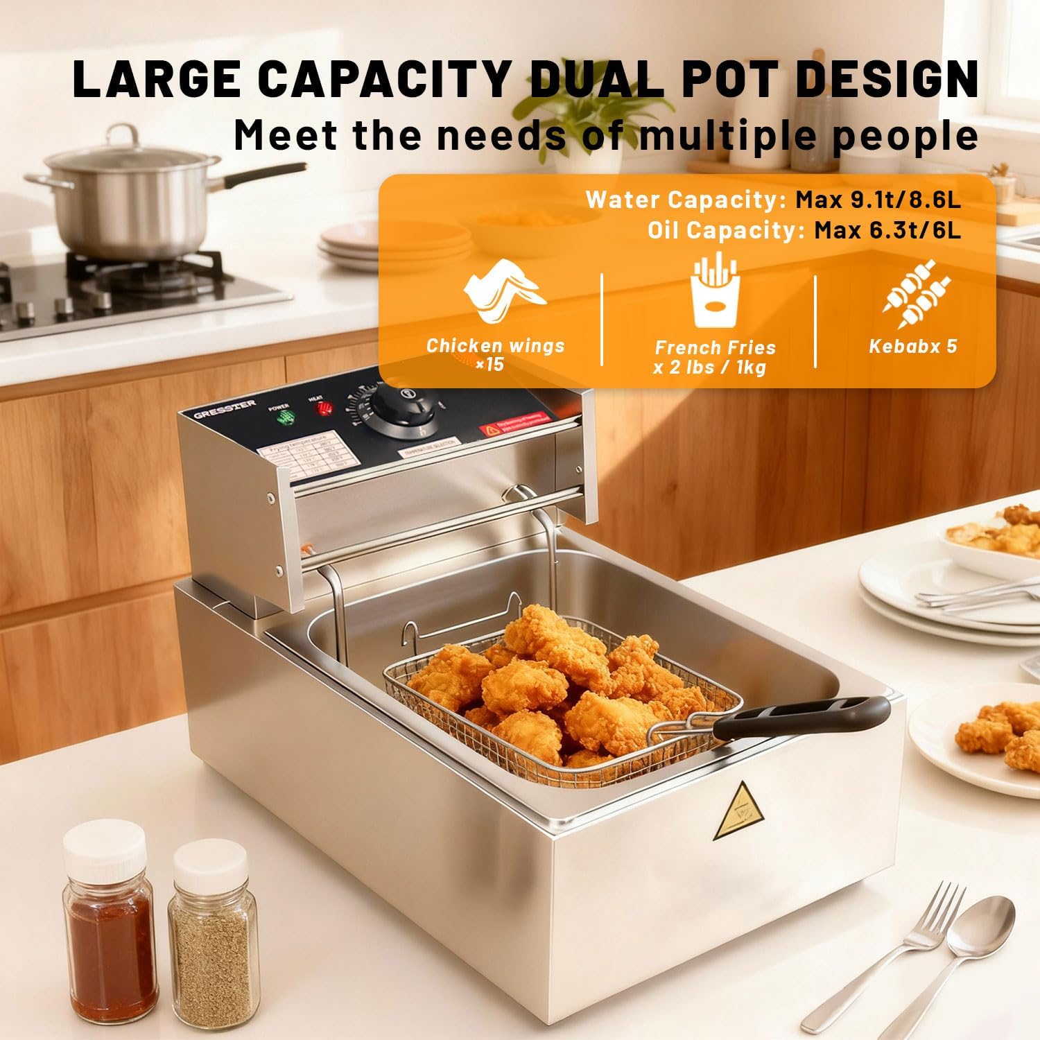 Commercial Electric Deep Fryer with Basket, 9.1Qt/8.6L Dual-Tank Large Capacity Stainless Steel Fryer, 1500W Rapid Heating, Timer & Drain ETL Certified for Restaurant, Concession Stand &Home Use