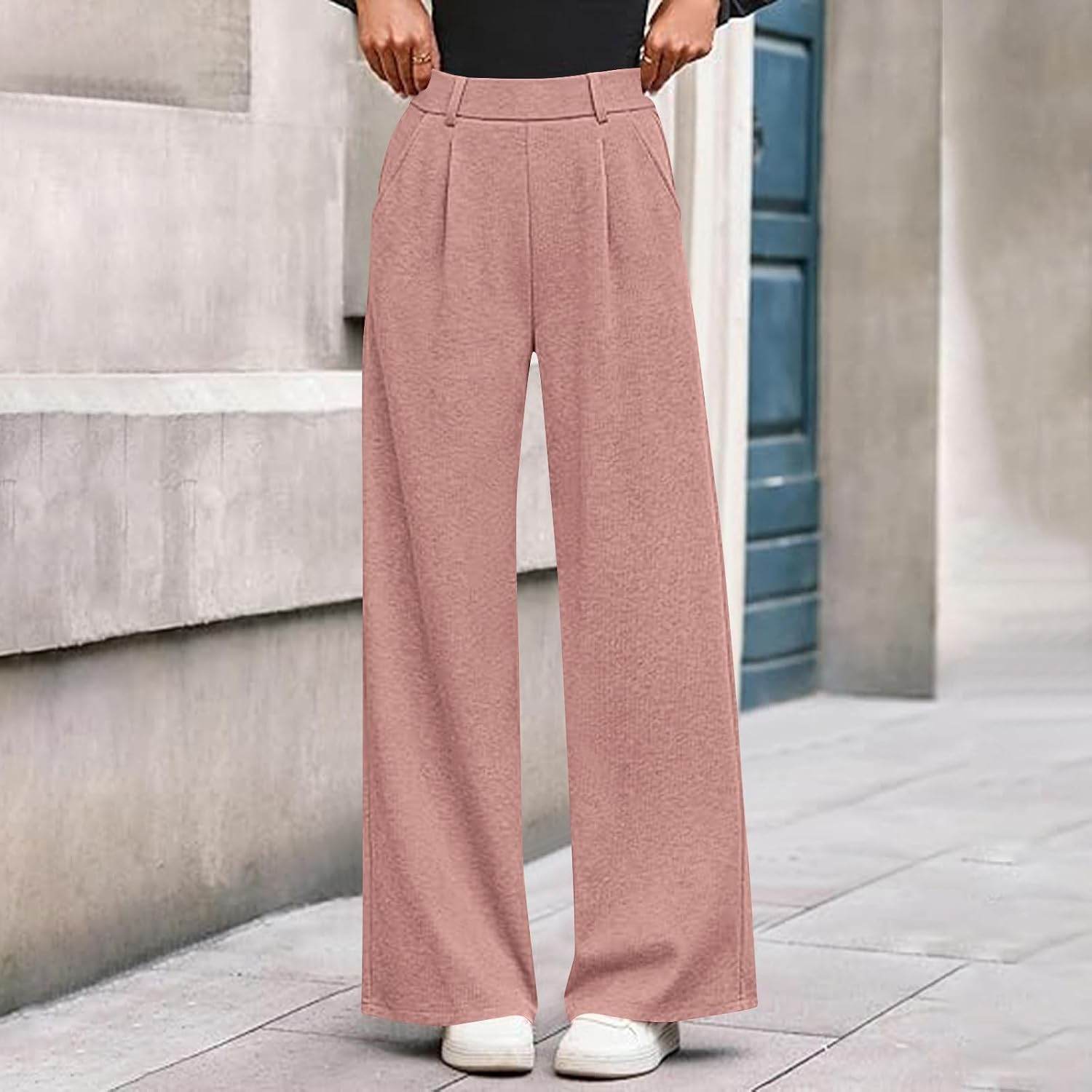 Women's Corduroy Pants High Waisted Baggy Wide Leg Solid Color Trousers with Pockets Business Casual Trendy Outfits