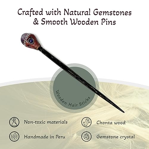 Miniatura 2 de Piedra preciosa curativa natural con cuentas Chonta de madera para el cabello, accesorio de moda hecho a mano (amatista morada)