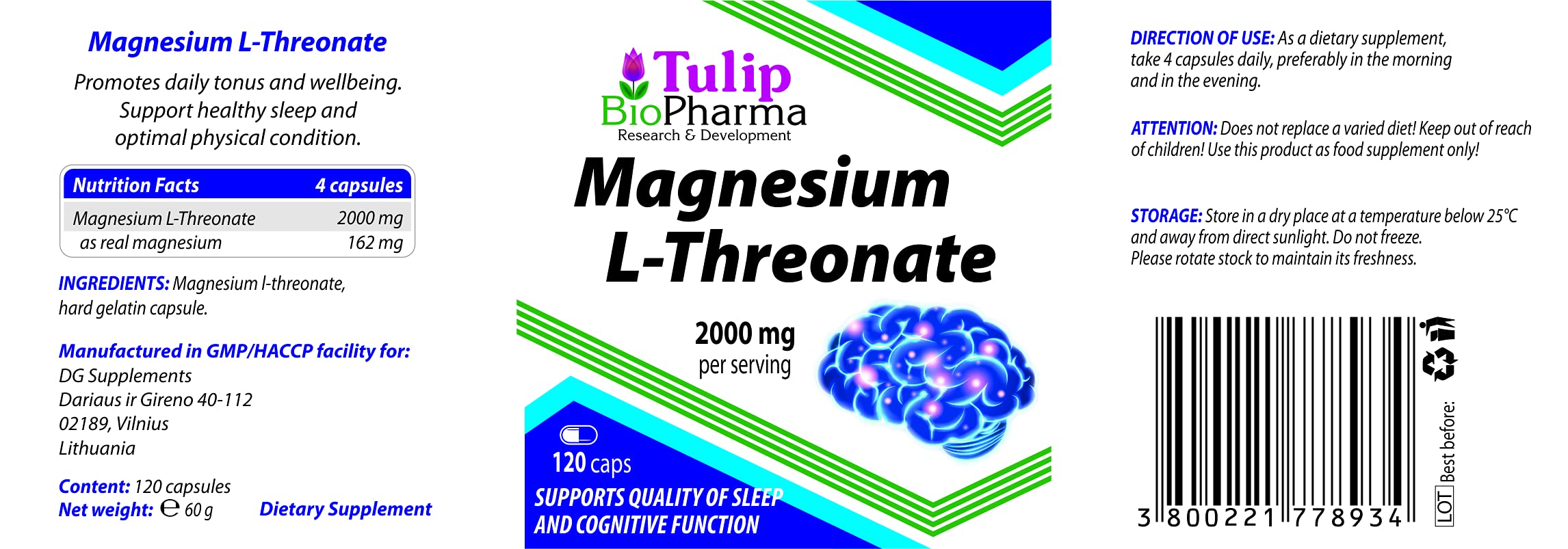 Buy Magnesium LThreonate 2000mg Per Serving 120 Capsules, Certificate