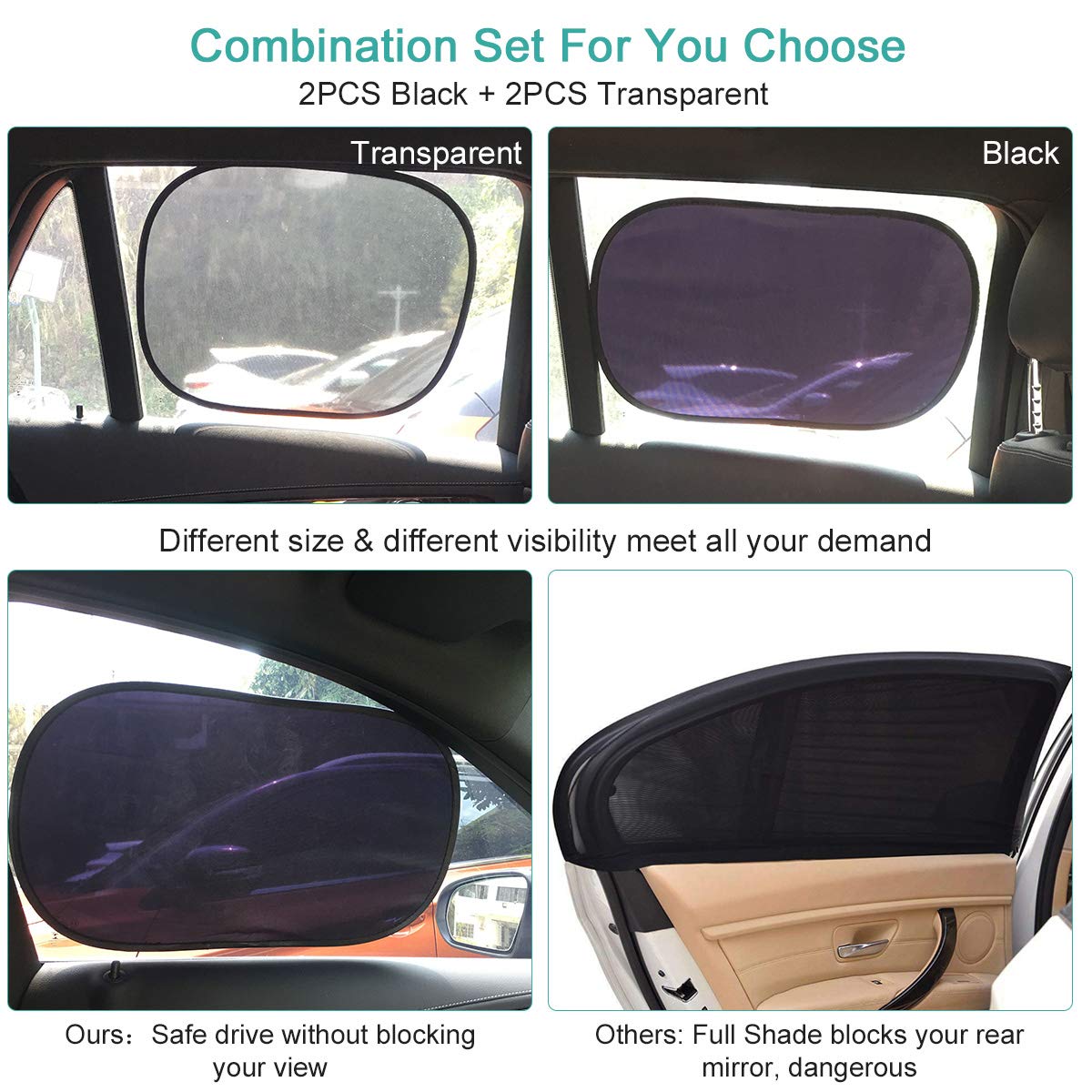 Car Window Shades for Baby 4 Pack , Auto Sun Shiled for Blocking UV Ray Protecting Kids Pets Family-- Baby Car Side Window Sun Shades- with 2 Size: 2 Transparent & 2 Semi-Transparent Sunshades
