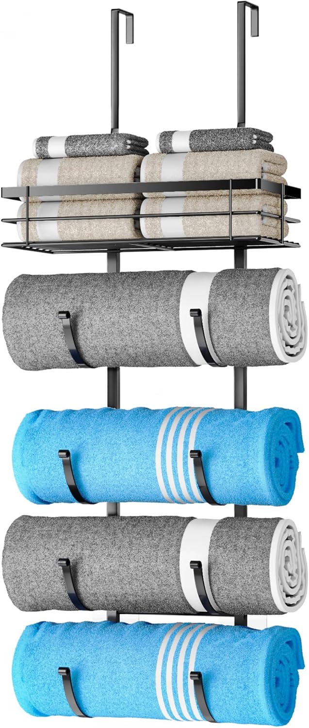 Over The Door Towel Rack, 5-Tier No Drill Towel Storage Organizer with Metal Shelf, Hanging Bath Towel Holder for Small Bathroom, Camper, Rv, Black