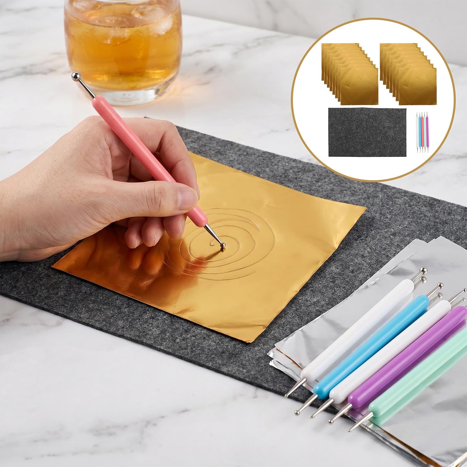 SOLUSTRE Gold Embossing Foil Sheets DIY Art Project Tool Set with Aluminum Metal Foil 5 Embossing and Engraving Tools Felt Mat Included and Craft Painting