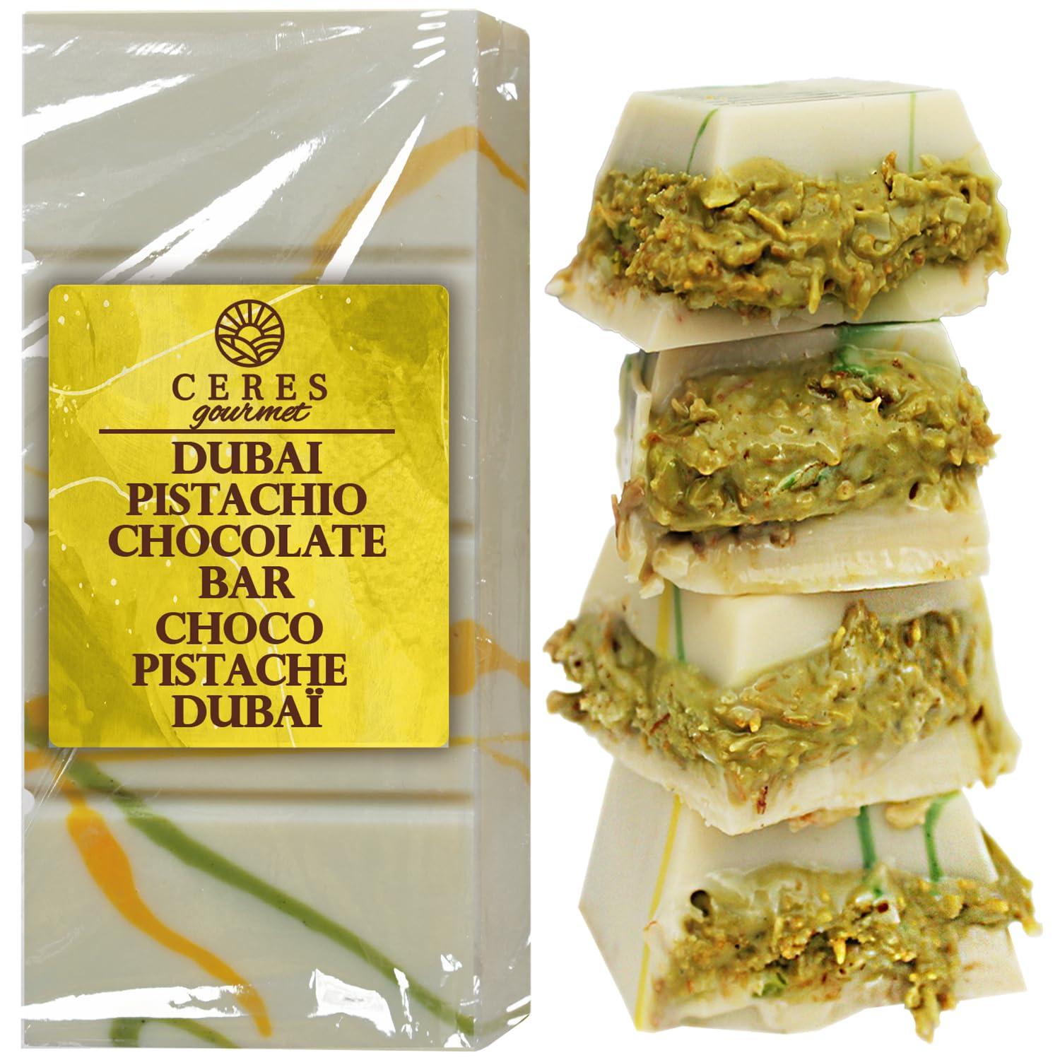 Ceres Gourmet Dubai Chocolate Bar Pistachio 3.5 Oz, White Chocolate Knafeh, Perfectly Portioned Packaging Dubai Chocolate, Premium Kunafa Chocolate Bars (3.5 Oz, Dark Chocolate)