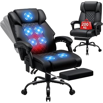 HOFFREE Ergonomic Office Chair with Massage and Heating Function Executive Chair Heavy Duty up to 200 kg with Footrest and Reclining Function Swivel Chair Made of Faux Leather for Home Office Black