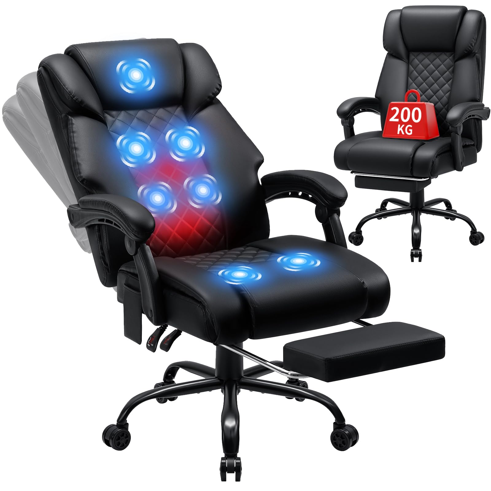 HOFFREE Ergonomisch Bürostuhl mit Massagefunktion und Heizfunktion Chefsessel Leder mit Fußstütze, Höhenverstellbar, Verstellbare Rückenlehne, Massagesessel für Büro & Home Office, Schwarz
