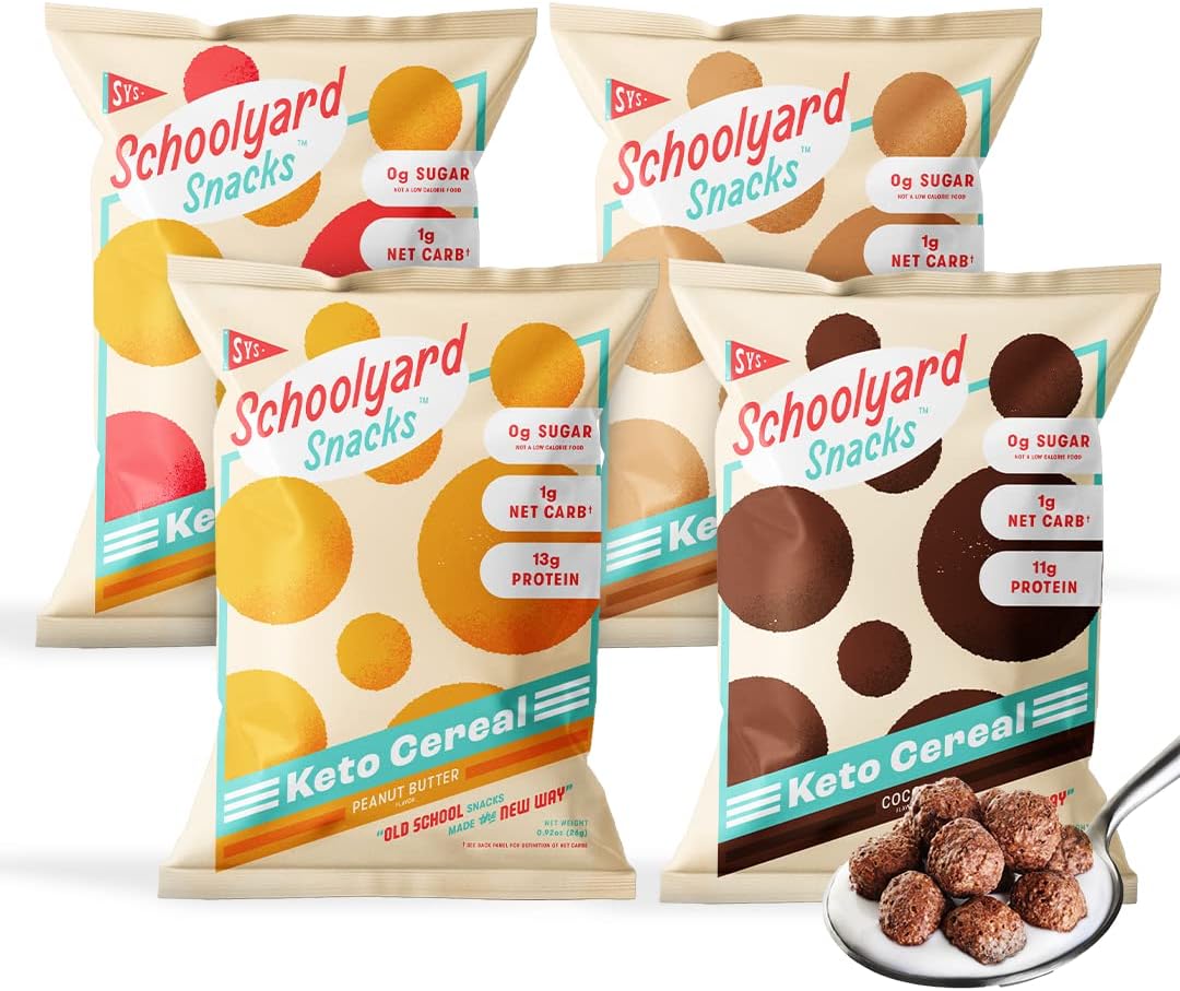 Schoolyard Snacks Low Carb Keto Cereal - 4 Flavors Variety Pack - Single Serve Bags - Zero Sugar - Low Calorie - Gluten & Grain Free - High Protein - All Natural - Healthy Breakfast