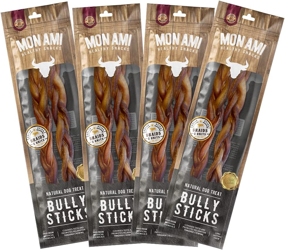 Mon Ami Braided Bully Sticks for Large and Small Dogs (11-12 inches, Pack of 8) - Grass Fed Dog Treats - Bully Sticks Natural Dog Treat