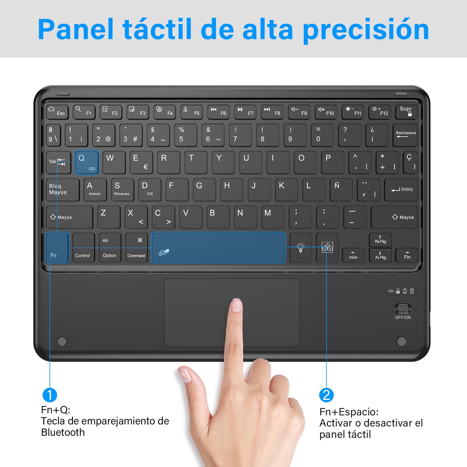KBCASE Teclado con TouchPad, Teclado Bluetooth Inalámbrico Español para Tablet iPad/iOS/Android/Windows/iPad Pro/iPad Air/iPad Mini, Samsung, Lenovo, Huawei, iPhone y Retroiluminación de 7 Colores