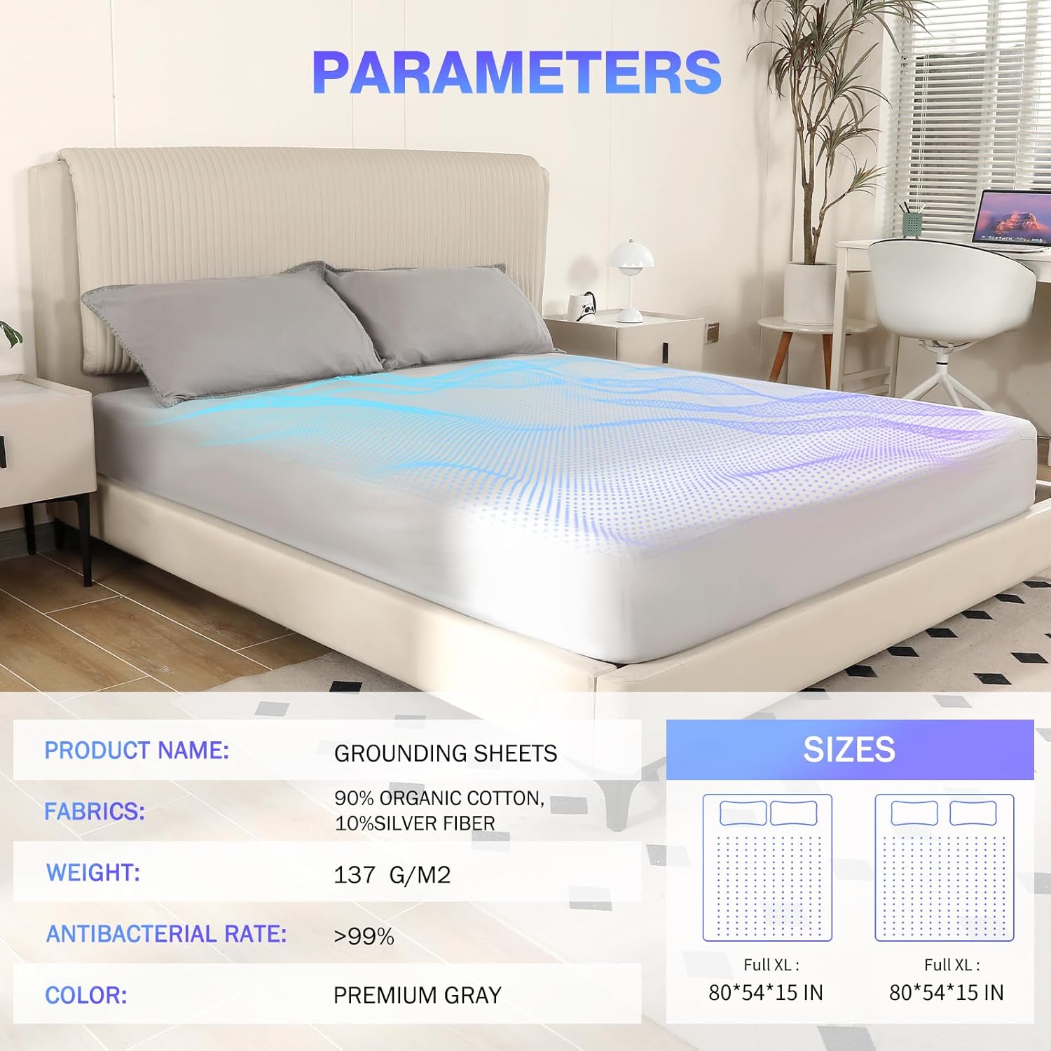 Grounding Sheets Full XL Size,Earth Grounded Fitted Bed Sheet 10% Pure Silver Fiber + 90% Organic Cotton, Bed Grounding Kit with grounding Cord for Improved Sleep & Wellness(Gray, 80"x54"x15")