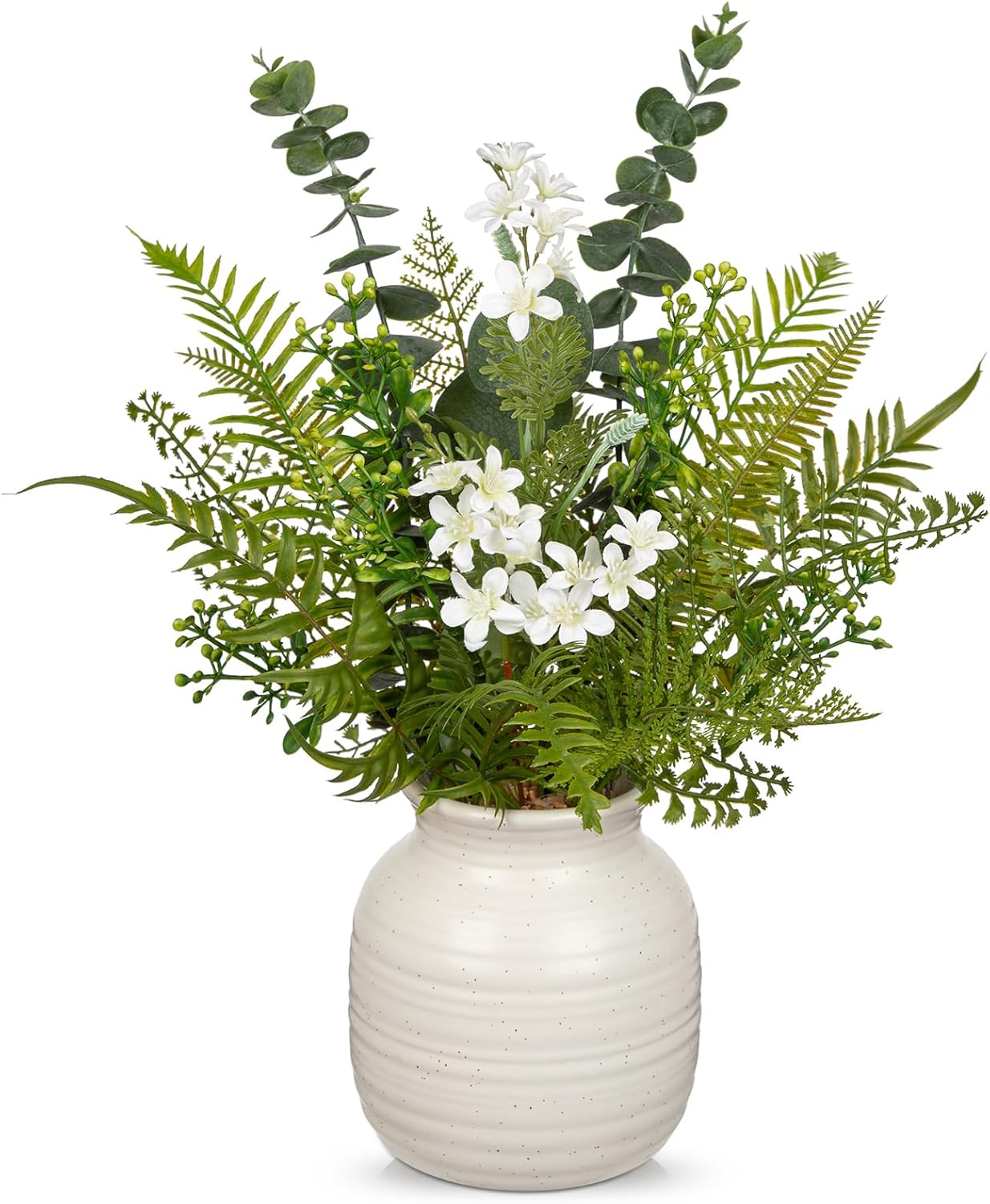 Artificial Eucalyptus & Lavender Arrangement in Ceramic Vase - 15.4" Faux Lavender Fern Leaves Plant Decor Fake Flowers Artificial Greenery in White Vintage Vase for Centerpieces Home Kitchen Decor