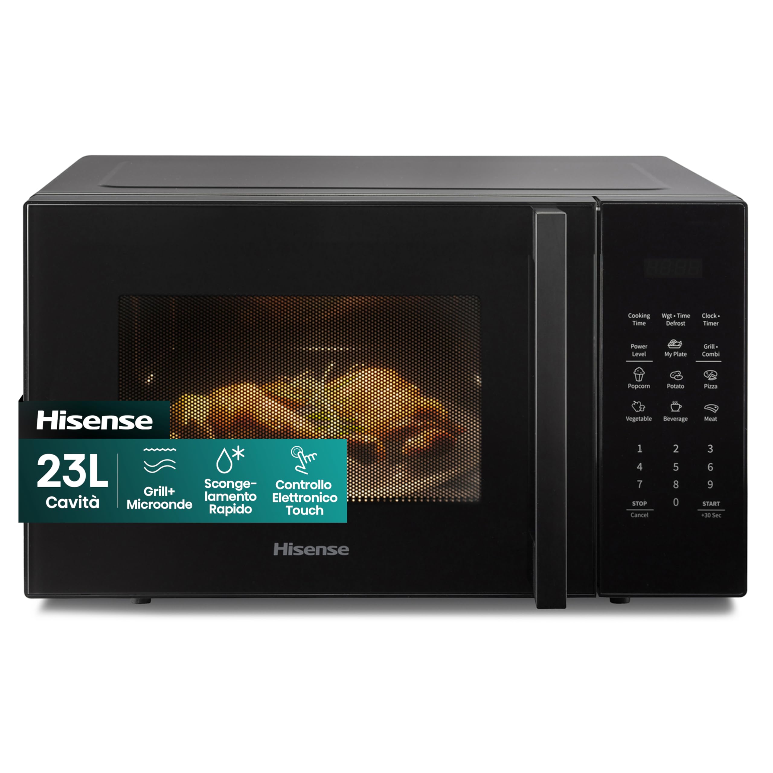 Hisense Forno Microonde Elettronico, Capacità 23 L, Potenza 800 W, Grill Potenza 1000 W, Display Led con Comandi Touch, Nero