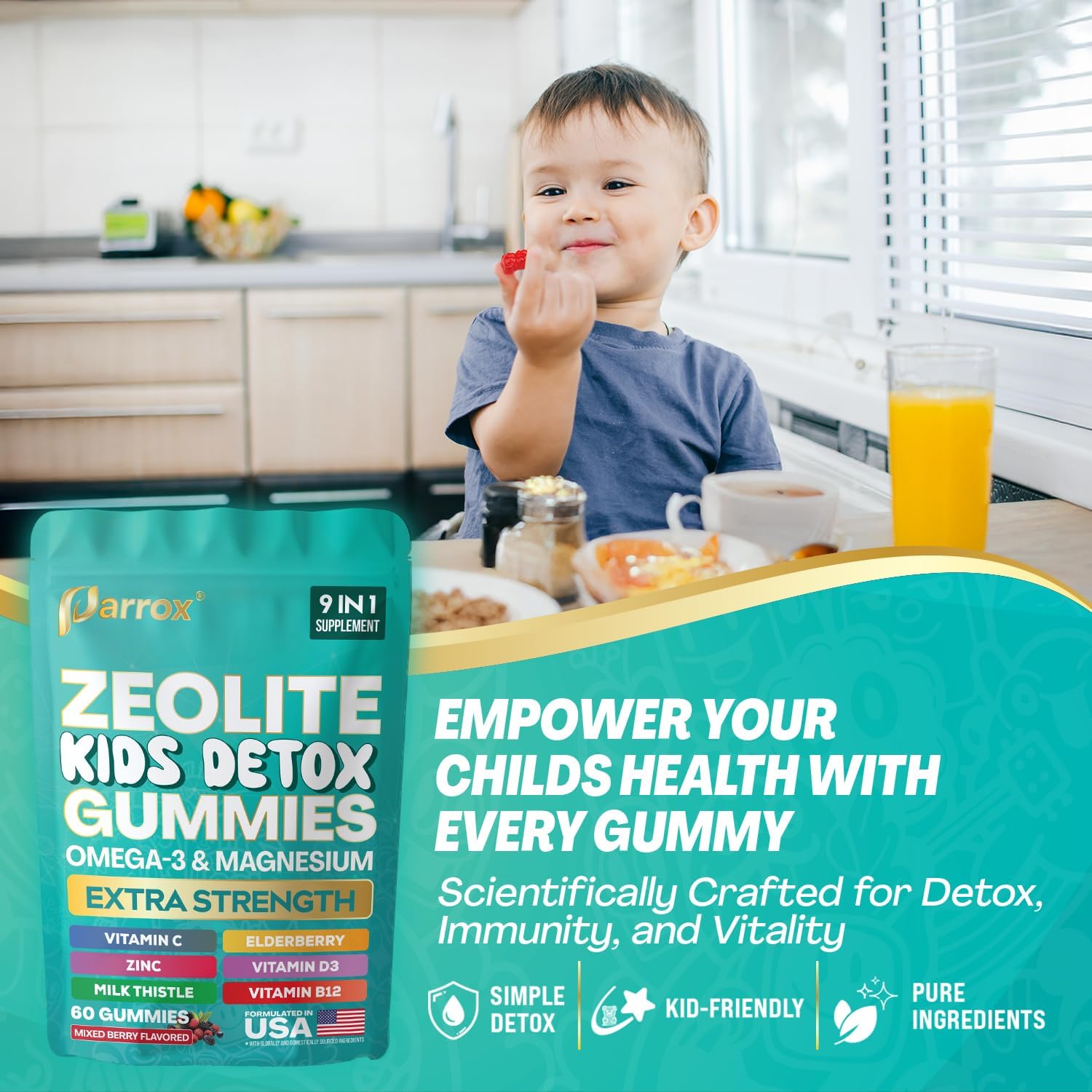 Zeolite Kids Gummies, 9-in-1 with Zeolite, Omega-3, Magnesium, Elderberry, Vitamin C, Milk Thistle, Vitamin D3, Zinc, B12 – Sugar-Free (60 Gummies – Mixed Berry Flavor) - Image 6