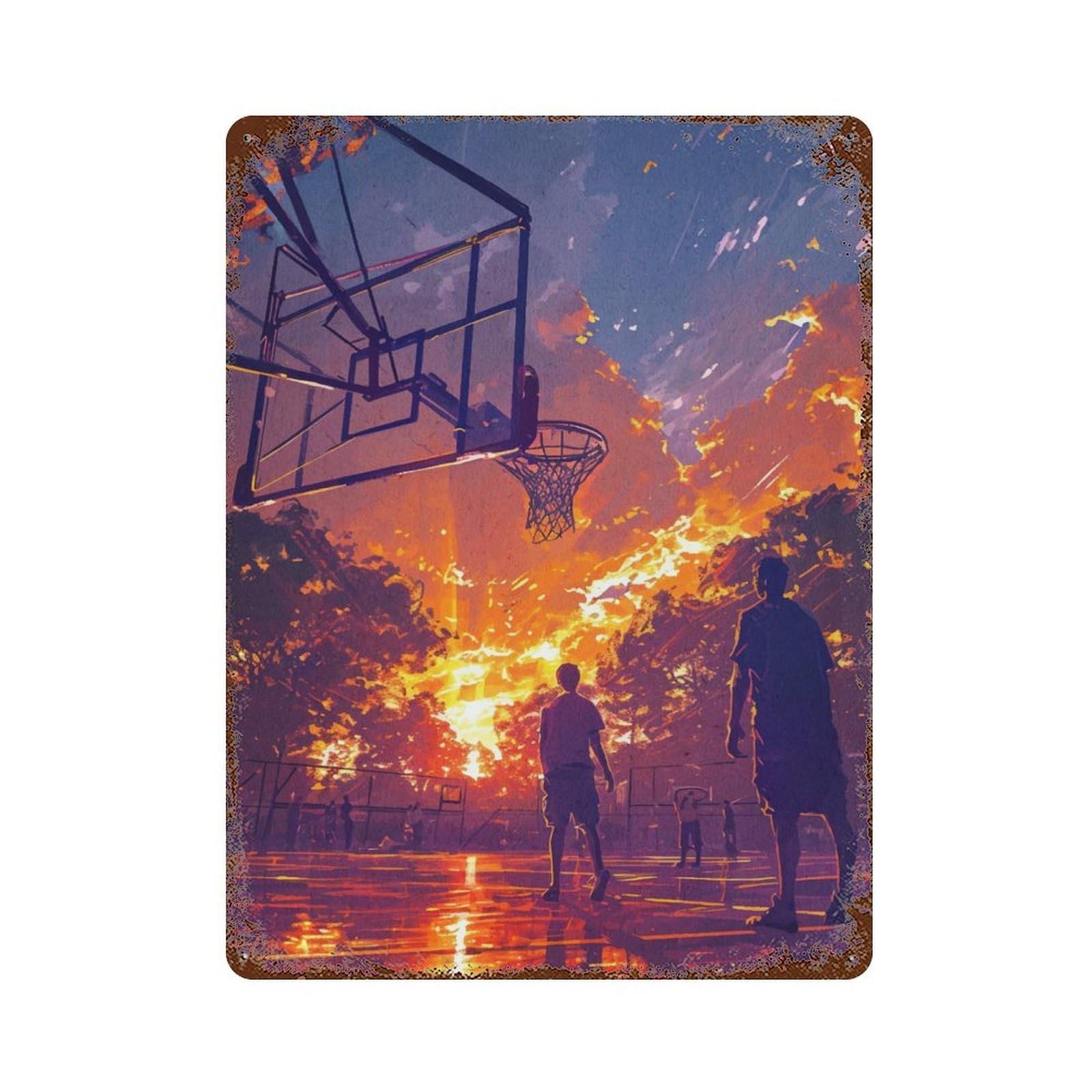 Rust Effect Basketball Sports Sunset Vintage Rust Metal Sign 15.7"x11.8", Classic Wall Plaque for Shed, Workshop And Garage Wall Decor