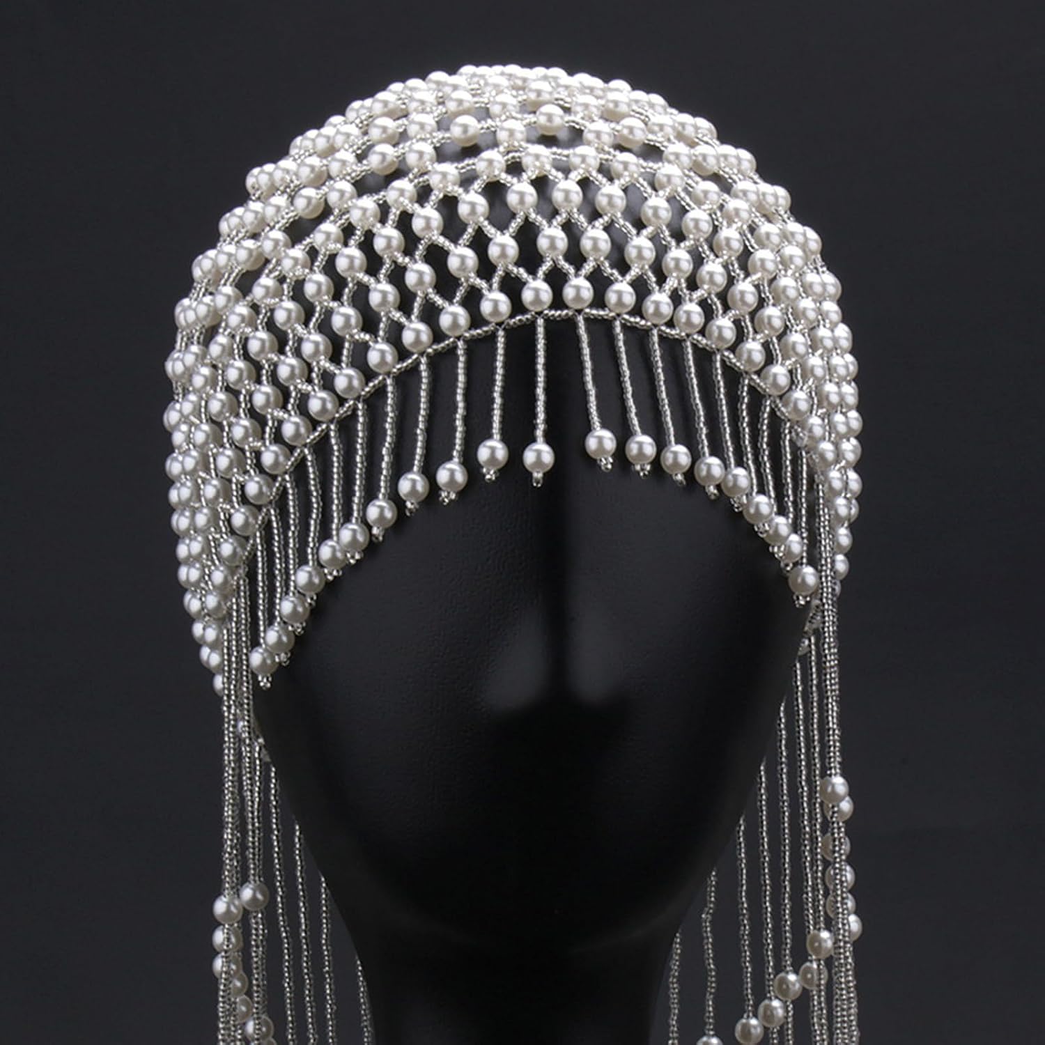 Beautiful Pearls Beaded Belly Dance Headwrap Adjustable Headwear with Tassels Head Hat Elegant Hair Accessory Delicate Headpiece for Stage