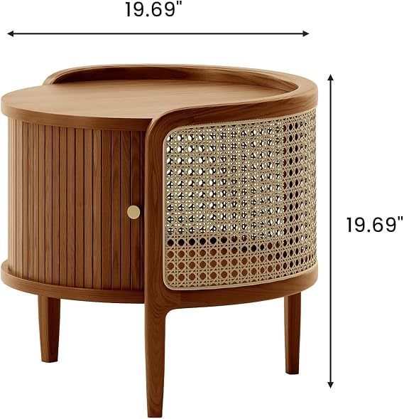POVISON Rattan End Table Set of 2 - Night Stand with Roller Door & Woven Rattan - Boho Bedside Table End Table Accent Table Nightstand for Bedroom,Walunt