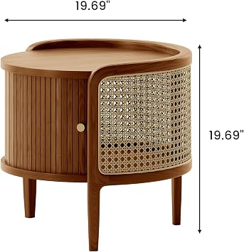 POVISON Rattan End Table Set of 2 - Night Stand with Roller Door & Woven Rattan - Boho Bedside Table End Table Accent Table Nightstand for Bedroom,Walunt