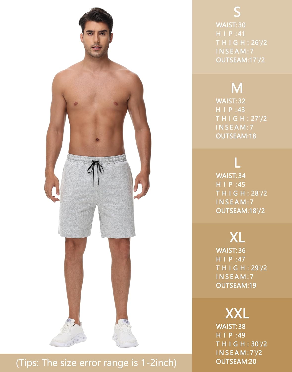 JWM Men's 7" Cotton Sweat Shorts White Grey - Image 6