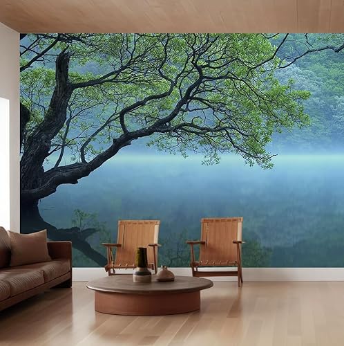 Papel tapiz autoadhesivo con diseño de paisaje y lago de naturaleza verde, autoadhesivo, extraíble, papel de aluminio grande para decoración de pared