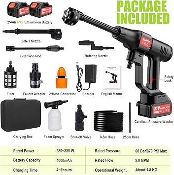 Cordless Pressure Washer, 60Bar/870PSl Portable Power Washer with 2*4.0AH IPX7 Batteries, 6-in-1 Nozzle, 8.5m Cold-Resistant Hose, Hand Held Jet Wash for Car, Floor and Garden Cleaning/Watering