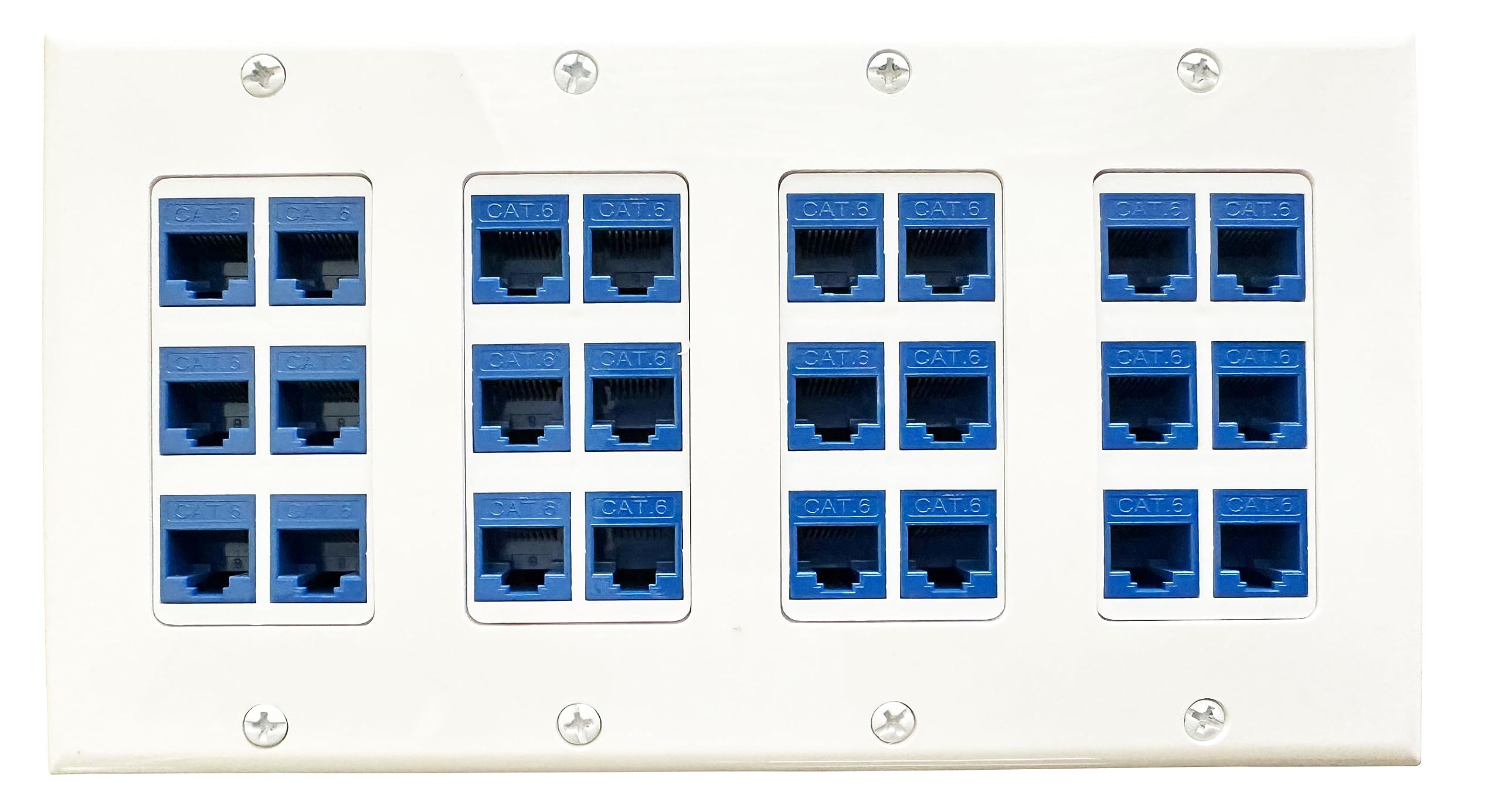 DIYTECH Placa de pared Ethernet de 24 puertos, Cat 6, 4 bandas, conectores Keystone RJ45 hembra a hembra, color blanco