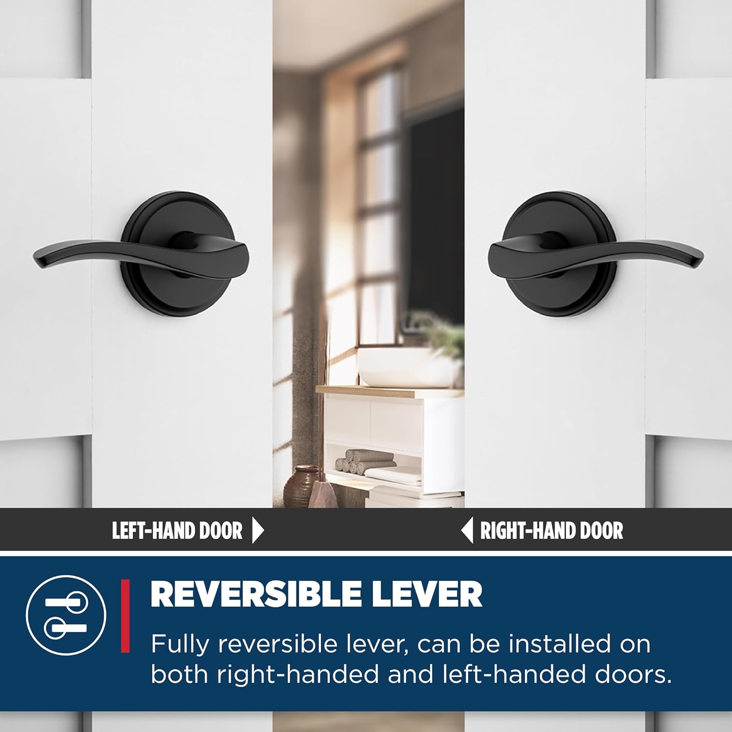 Weiser Sedona Matte Black Door Handle, Reversible Privacy Lever, Interior Door Handles for Bedroom and Bathroom Doors, Keyless Bathroom/Bedroom Door Lock, Transitional Home Décor