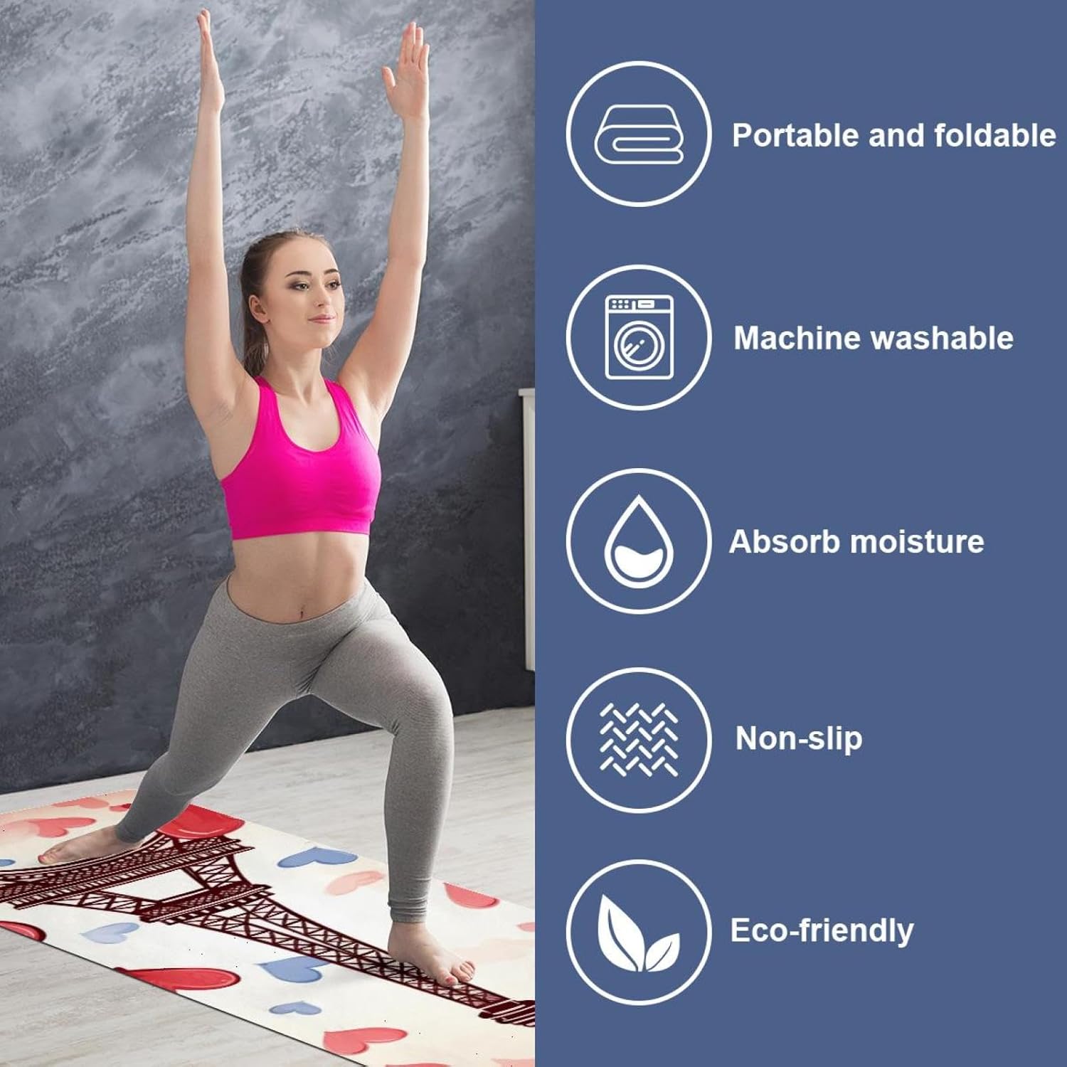 Yoga Towel, Eiffel Tower Valentine's Day Pattern Non Slip Sweat Absorbent Hot Yoga Mat Towel for Hot Yoga, Pilates and Fitness - 72.8" x 26.8"