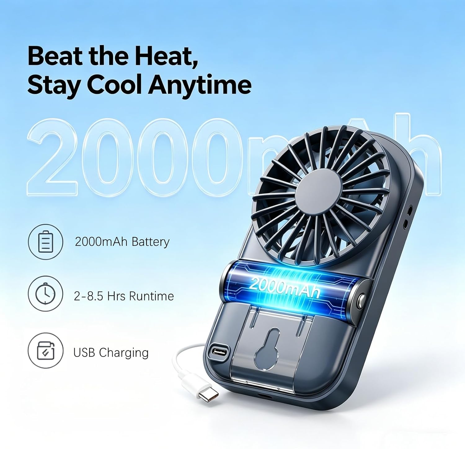 Ultra-Thin Personal Desk Fan, 199-Speed Cooling Fan with Ice Plate Cooling, 2000mAh Rechargeable Battery, USB Portable Handheld/Neck/Desktop/Hanging Fan for Home Office Outdoor (White)